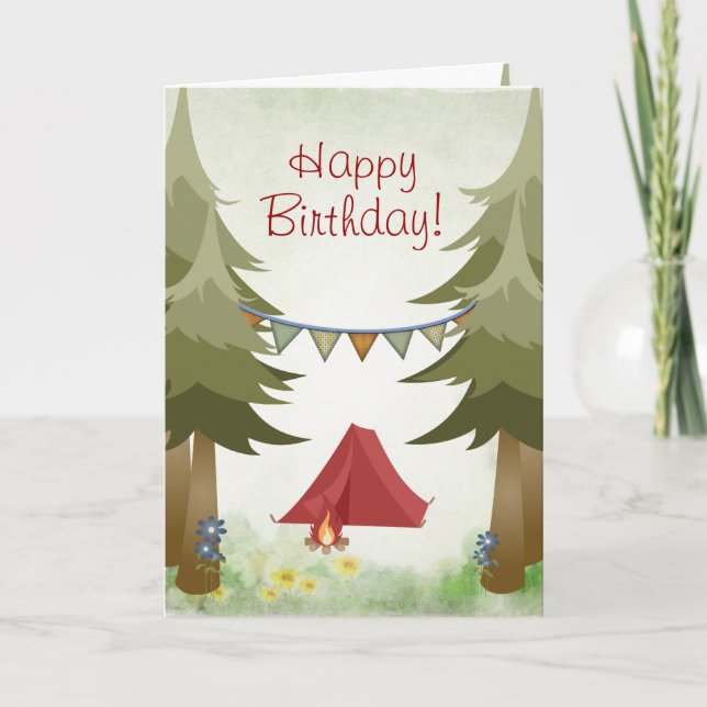 Camping, Tent, Campfire, Flowers Woodland Birthday Card (Front)