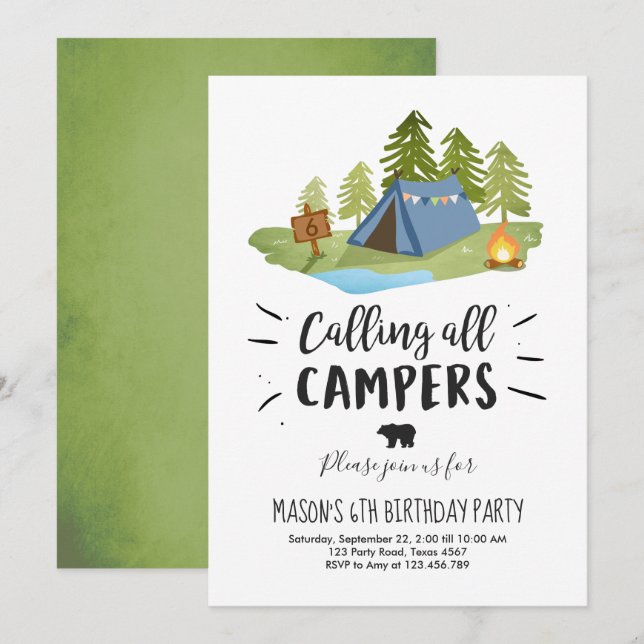 Camping Tente Invitation Anniversaire Camp out Boy (Devant / Derrière)