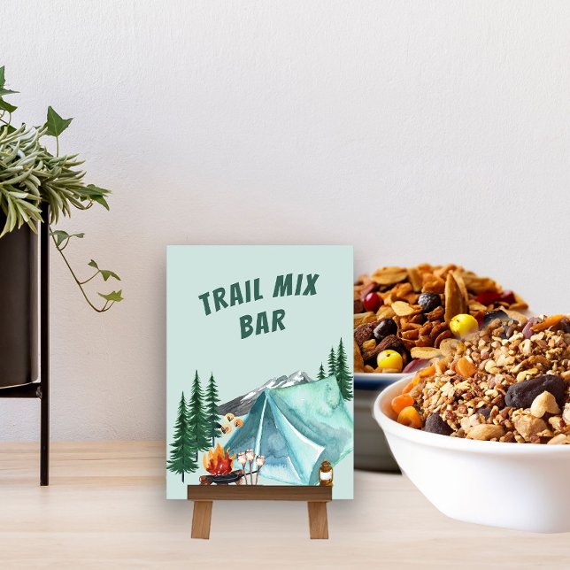 Camping Theme Editable Party Food Bar Sign Table Number (Trail Mix Bar table card)