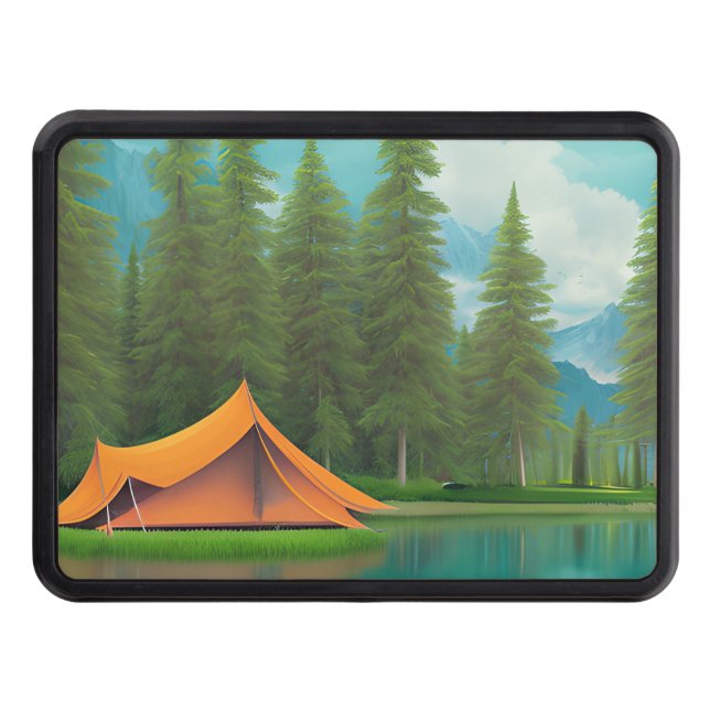 Camping Themed Art | Tent on the Lake in the Woods Trailer Hitch Cover (Front)