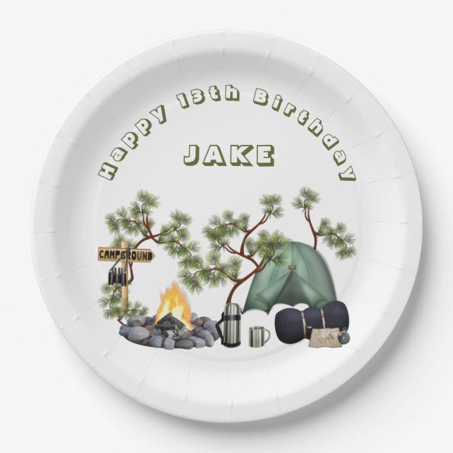 Camping Themed Happy Birthday Personalized Napkins Paper Plate (Front)