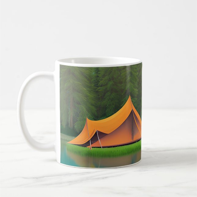 Camping Themed | Tent on the Lake and Mountains Coffee Mug (Left)