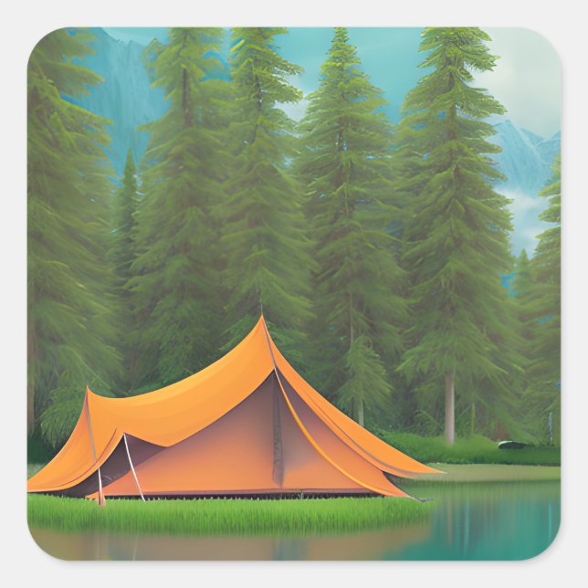 Camping Themed | Tent on the Lake and Mountains Square Sticker (Front)