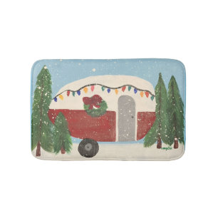 Camping Trailer at Christmas Bath Mat