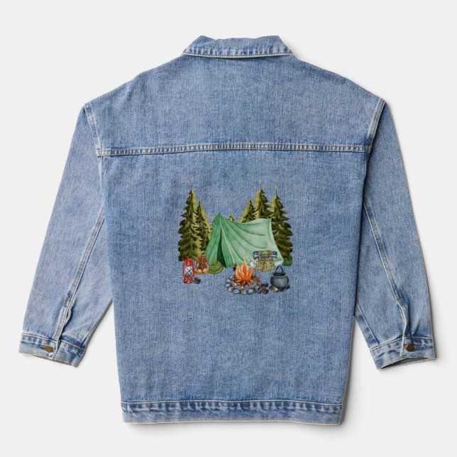 Camping Trip Campfire, Tent, Camping in the Woods Denim Jacket (Back)