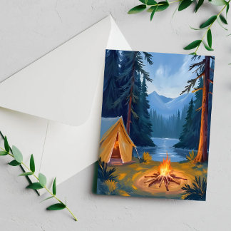 Camping Trip Forest Campfire Tent Watercolor Card