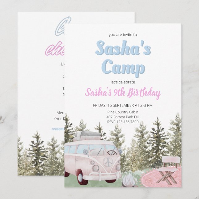 Camping Truck Forest Girl Birthday Invitation (Front/Back)