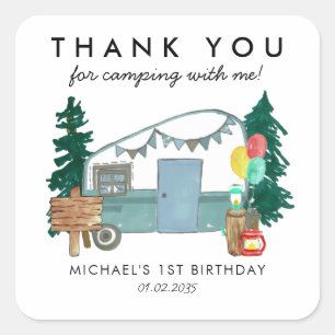 Camping Van Trees Kids Birthday Thank You Favor Square Sticker