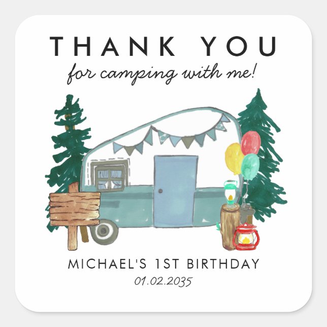 Camping Van Trees Kids Birthday Thank You Favour Square Sticker (Front)