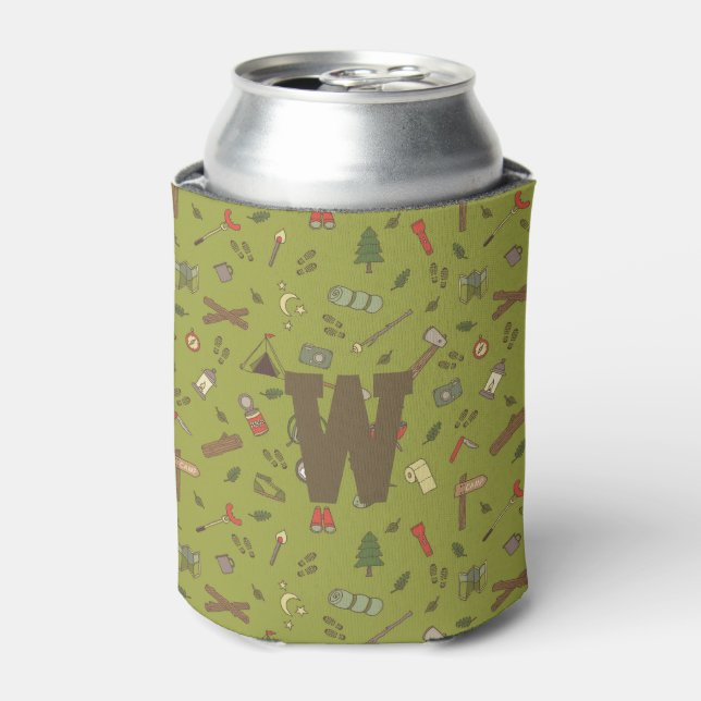 Campsite Adventurer Camping Doodles Monogram Can Cooler (Can Front)