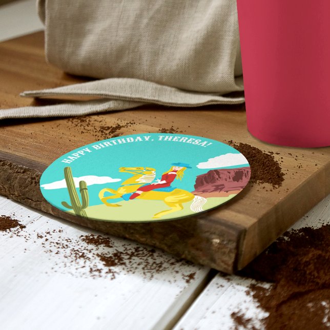 Campy Western Cowgirl on Horse Custom Birthday Round Paper Coaster (Creator Uploaded)