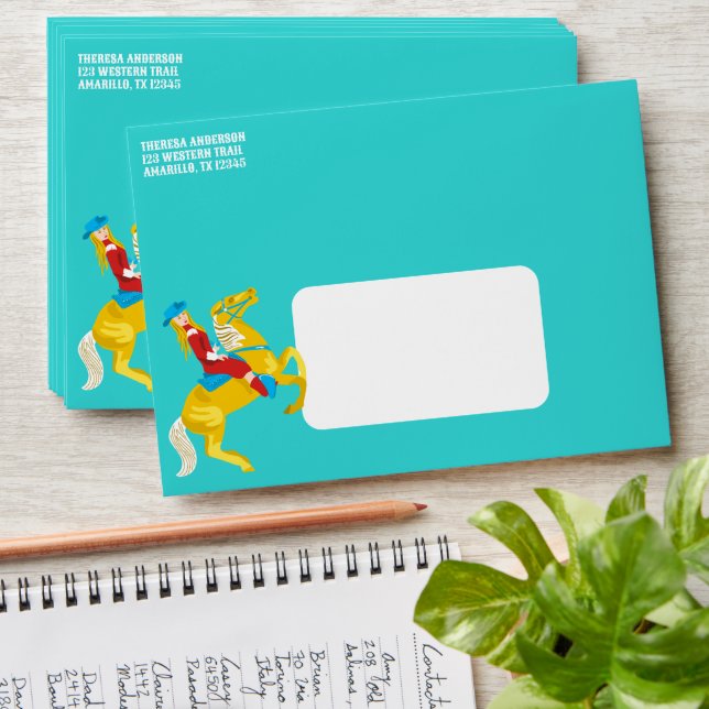 Campy Western Cowgirl on Horse Custom Envelope (Stacked)