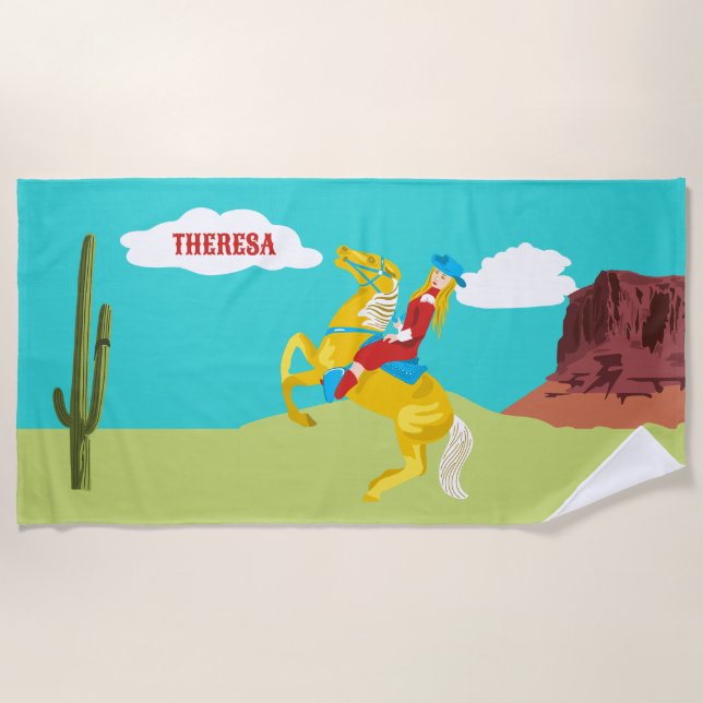 Campy Western Cowgirl on Horse Personalized Beach Towel (Front)