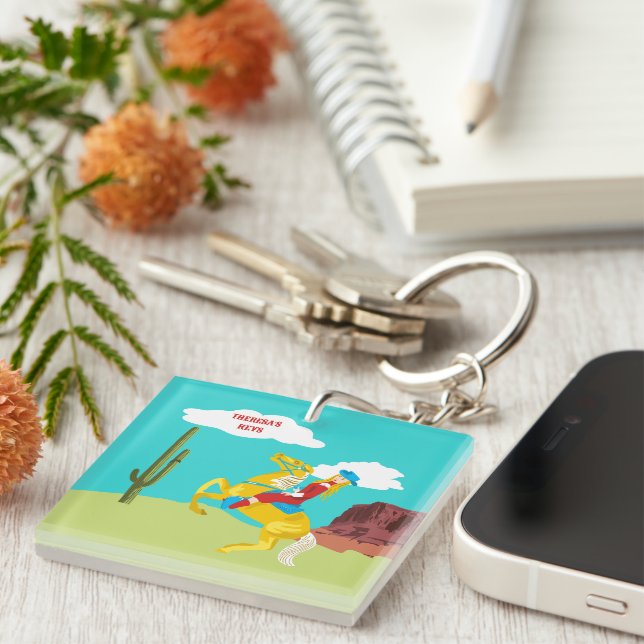 Campy Western Cowgirl on Horse Personalized Keychain (Front Right)
