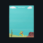 Campy Western Cowgirl on Horse Personalized Notepad<br><div class="desc">Write letters or notes in style with this personalized writing paper. The bright blue paper has white lines to keep your writing neat and even. At the bottom is a retro style illustration of a cowgirl on a horse in a western landscape. At the top between the white clouds is...</div>