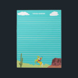Campy Western Cowgirl on Horse Personalized Notepad<br><div class="desc">Write letters or notes in style with this personalized writing paper. The bright blue paper has white lines to keep your writing neat and even. At the bottom is a retro style illustration of a cowgirl on a horse in a western landscape. At the top between the white clouds is...</div>