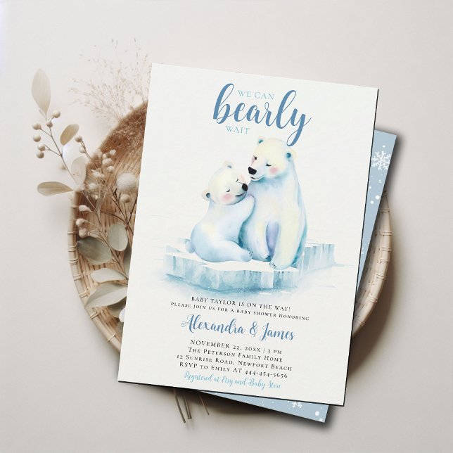 Can Bearly Wait Polar Mom Bear Cub Baby Boy Shower Invitation (we can bearly wait baby boy shower invitation winter polar mom bear cub cute sweet animal blue white)