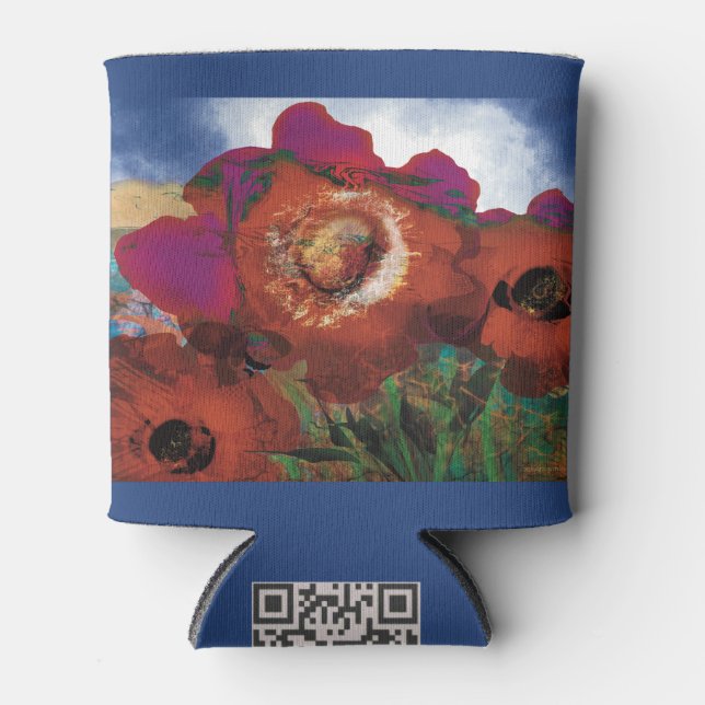 Can cooler adorned with poppies In blue  (Front)