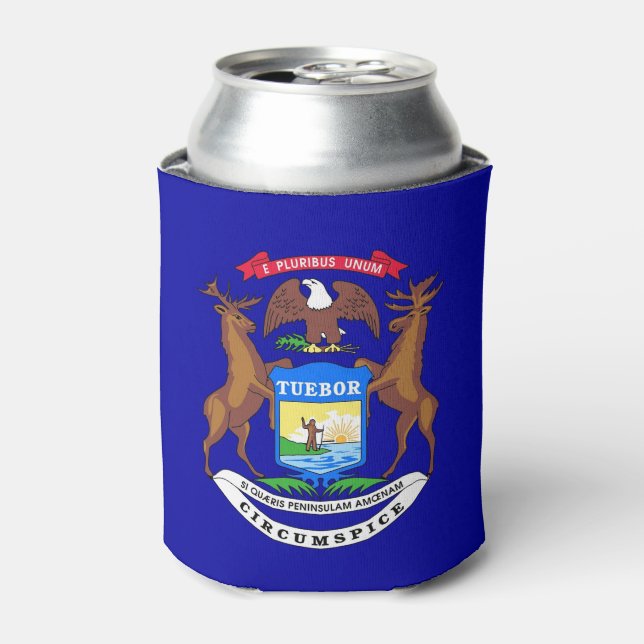 Can Cooler with flag of Michigan State, USA. (Can Front)