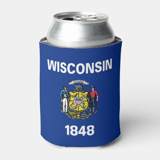 Can Cooler with flag of Wisconsin State, USA. (Can Front)