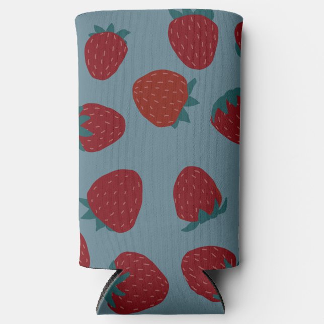 Can Cooler with Strawberries on Turquoise (Front)