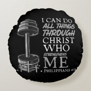 Can Do All Things Weightlifter Gym Christian Bible Round Pillow
