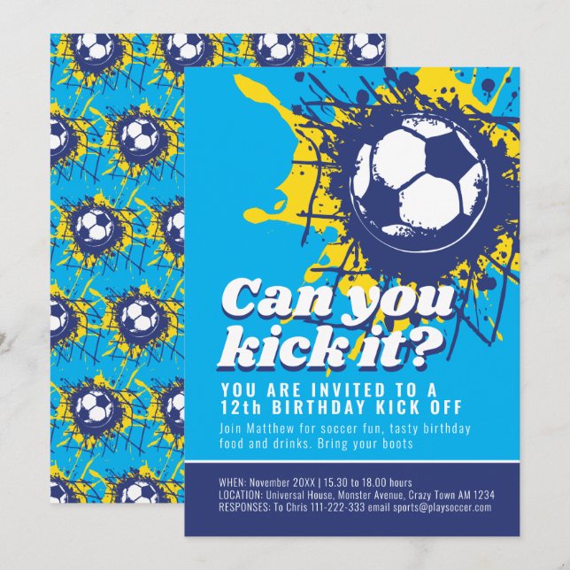 Can you kick it soccer 12th birthday party blue invitation (Front/Back)
