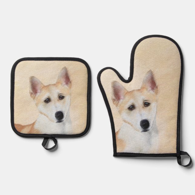 Canaan Dog Painting Cute Original Pet Dog Art Oven Mitt & Pot Holder Set (Front)