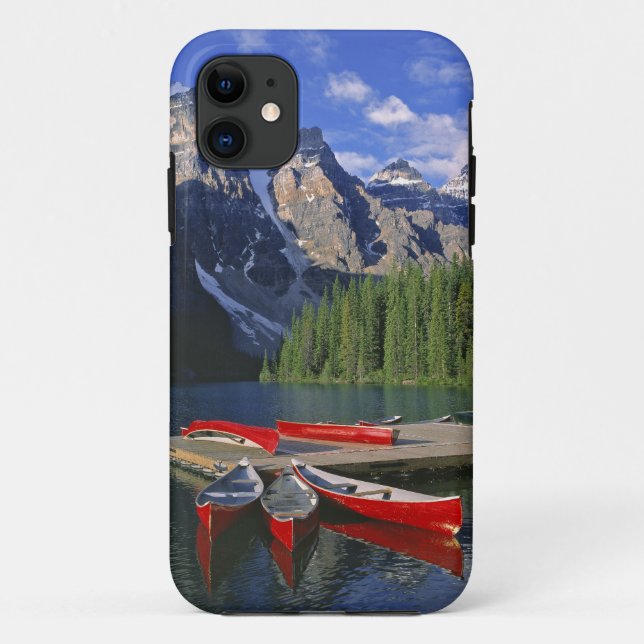 Canada, Alberta, Moraine Lake. Red canoes await Case-Mate iPhone Case (Back)