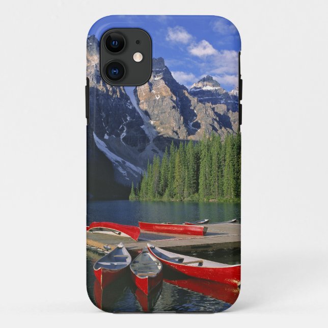 Canada, Alberta, Moraine Lake. Red canoes await Case-Mate iPhone Case (Back)