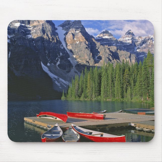 Canada, Alberta, Moraine Lake. Red canoes await Mouse Pad (Front)