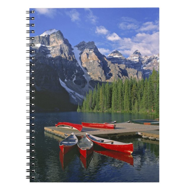 Canada, Alberta, Moraine Lake. Red canoes await Notebook (Front)