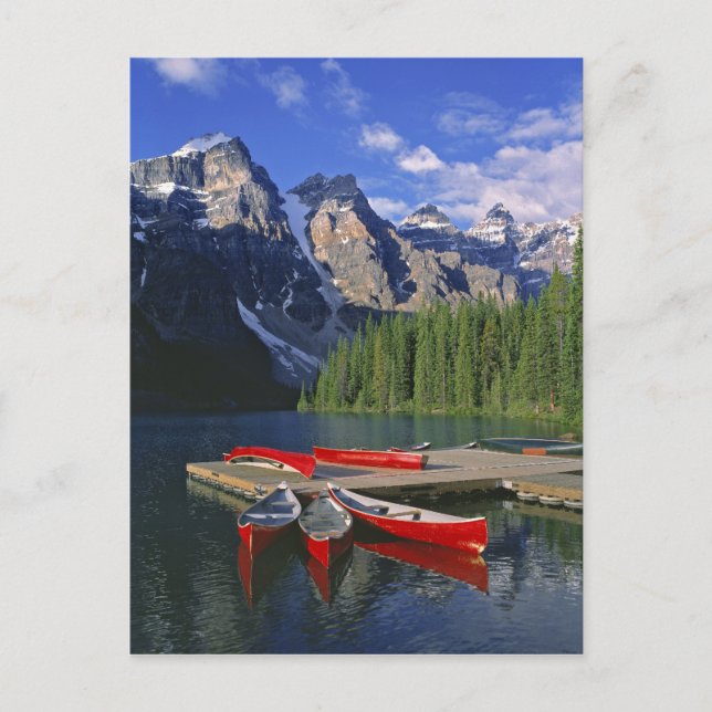 Canada, Alberta, Moraine Lake. Red canoes await Postcard (Front)