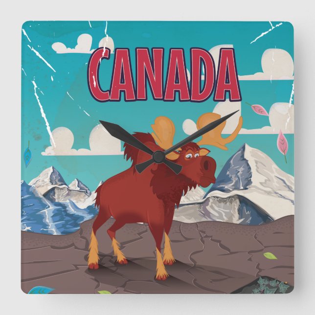 Canada Cartoon Vintage Moose Poster Square Wall Clock (Front)
