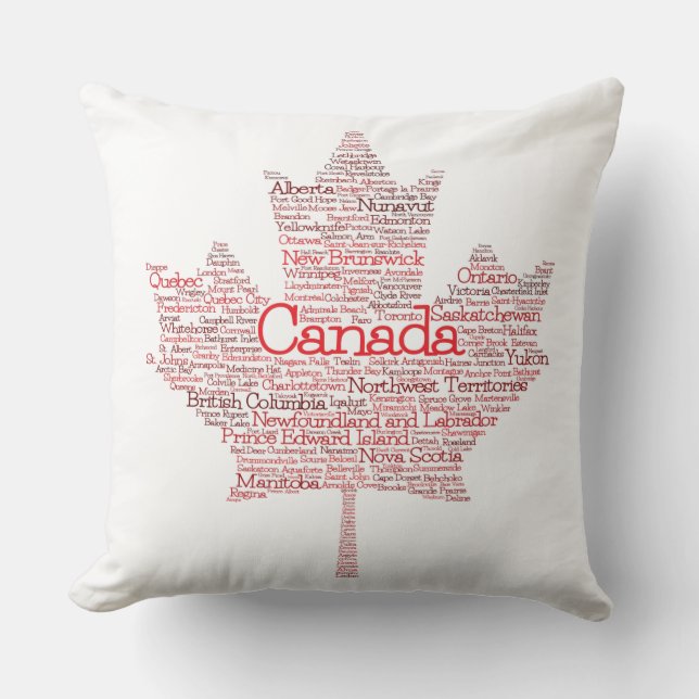 Canada Cities and Towns Maple Leaf Word Art Throw Pillow (Front)