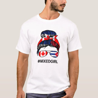 Canada Cuba Flag Canadian Cuban Messy Bun T-Shirt
