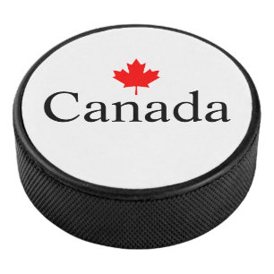 Canada custom text with red maple leaf minimalist hockey puck