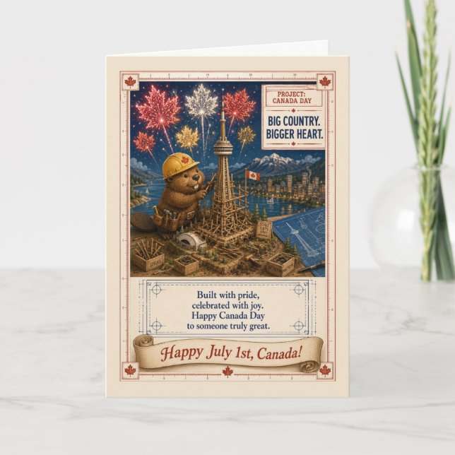 Canada Day Beaver Builder CN Tower Art Patriotic Card (Front)