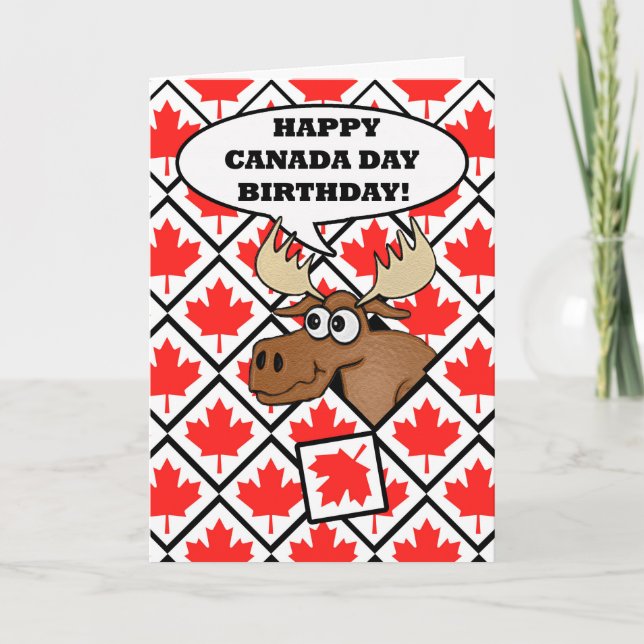 Canada Day Birthday Card, Moose, Maple Leaves Card (Front)