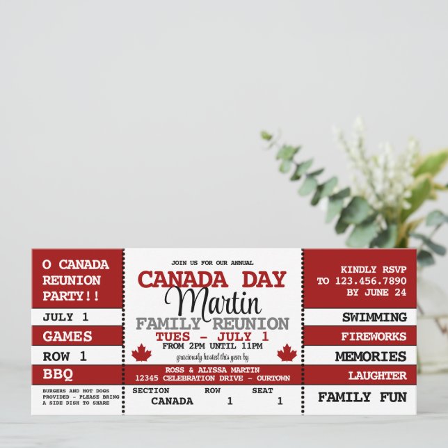 Canada Day Family Reunion Celebration Ticket Invitation (Standing Front)