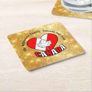 Canada Day Gold Party Personalize Name Year Square Paper Coaster