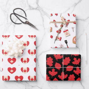 Canada Day July 1st Maple Leaf, Hearts Wrapping Paper Sheet