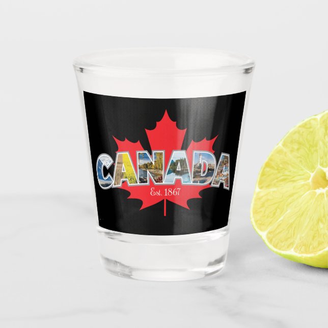 "Canada Est. 1867" With Maple Leaf Graphic Shot Glass (Front)