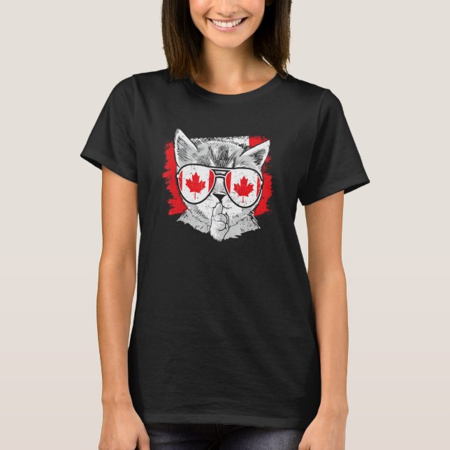 Canada Flag Cat Canadian Sunglasses Roots Leaf Pri T-Shirt (Front)