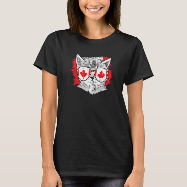 Canada Flag Cat Canadian Sunglasses Roots Leaf Pri T-Shirt (Front)