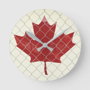 Canada Flag. Chain Link Fence. Rustic. Cool. Round Clock