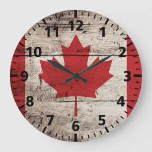 Canada Flag on Old Wood Grain Large Clock