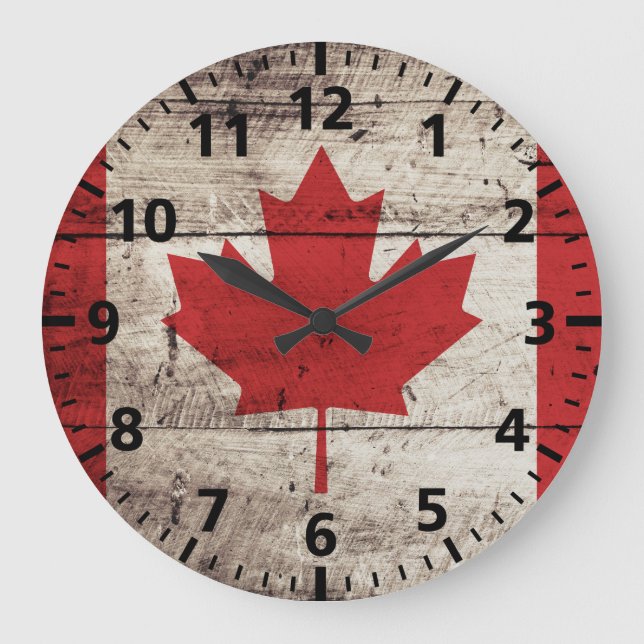 Canada Flag on Old Wood Grain Large Clock (Front)