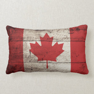 Canada Flag on Old Wood Grain Lumbar Pillow