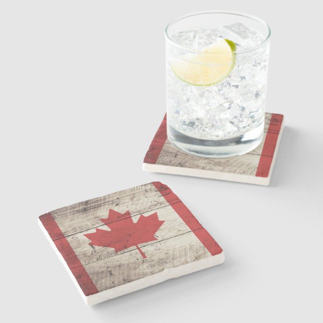Canada Flag on Old Wood Grain Stone Coaster (Side)